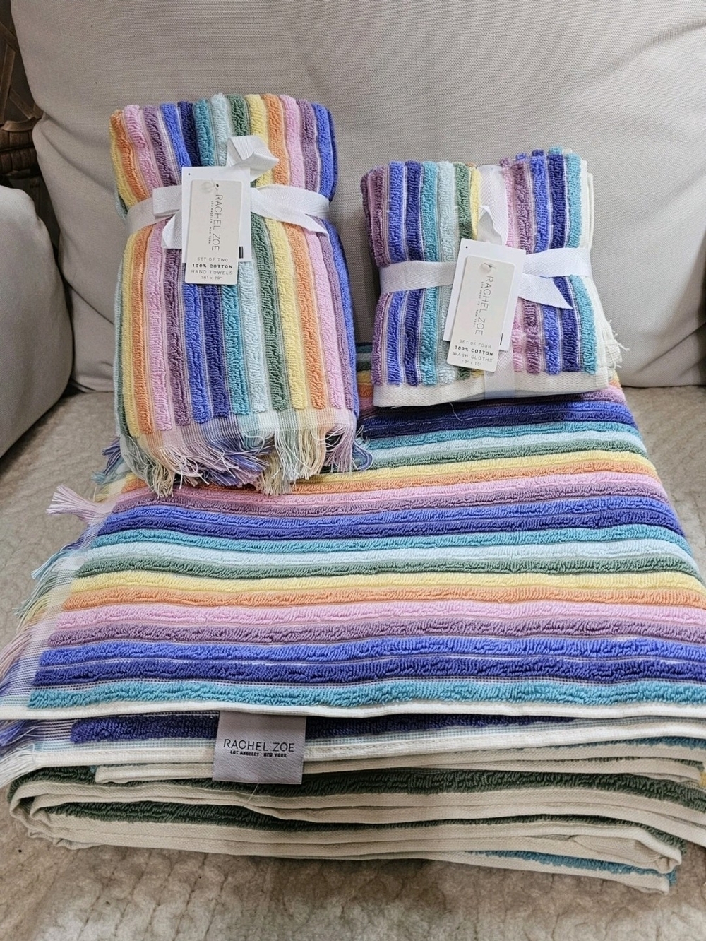 8pc Rachel Zoe Cotton Rainbow Striped Pastels Bath Hand Washcloth Towel Set New